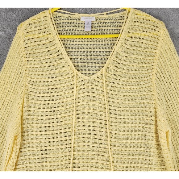 Chicos Shirt Womens Size 3 Yellow Open Knit V Neck Tassels 3/4 Sleeve Loose Top - Picture 6 of 10